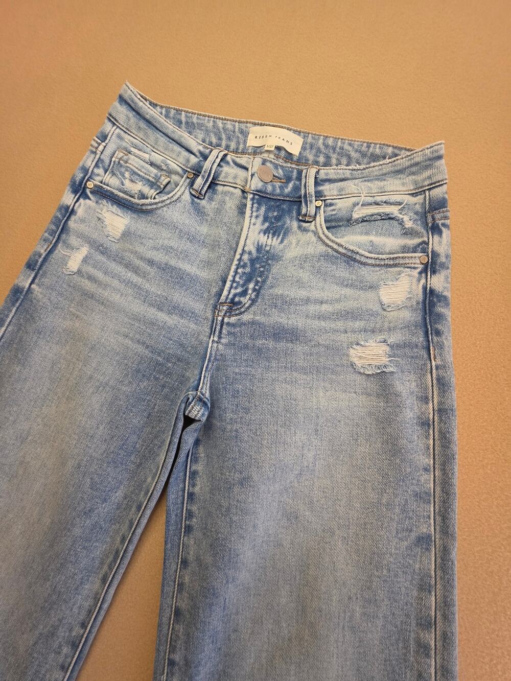 Risen Mid-Rise Tummy Control Wide-Leg Distressed Jeans Medium-Wash Sz 5/27